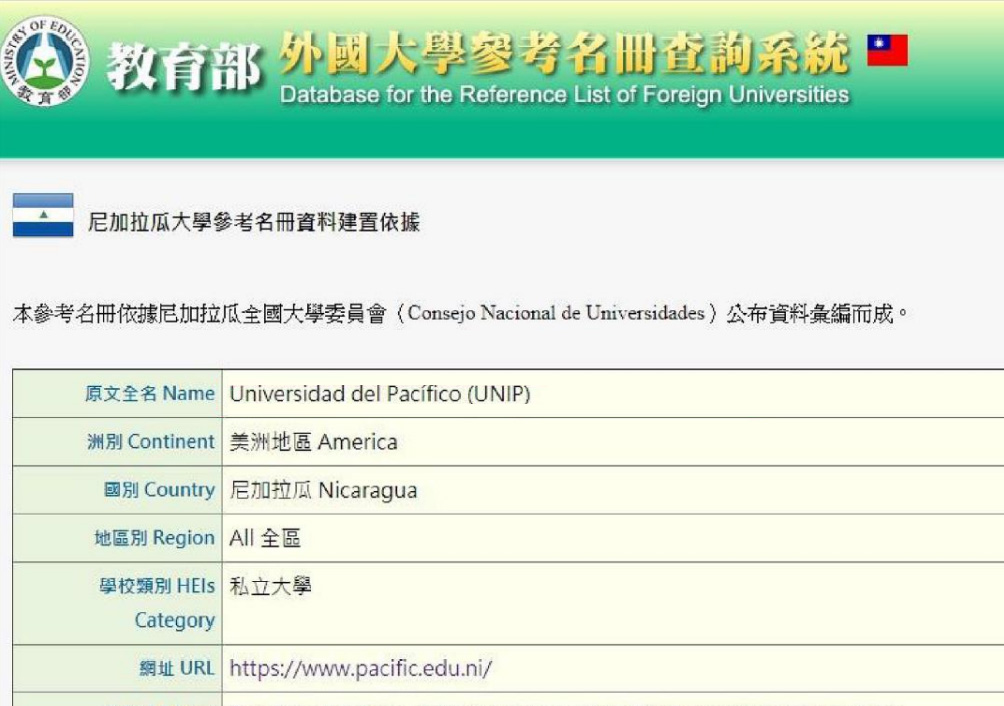 台灣教育部認可外國大學參考名冊